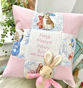 Beatrix Potter© Christening cushion Patchwork Name and Date Cushion