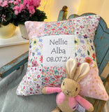 Peaches and cream name and date cushion