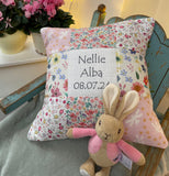 Peaches and cream name and date cushion