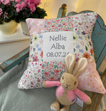 Peaches and cream name and date cushion