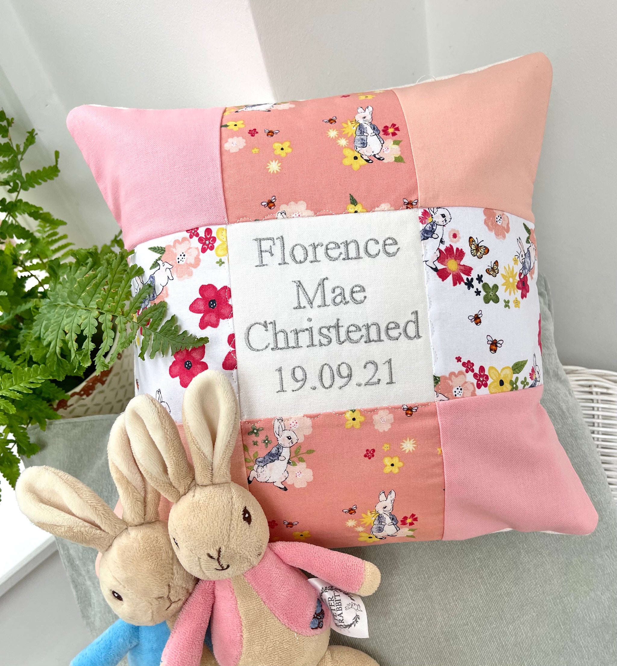 Peter rabbit Christening cushion