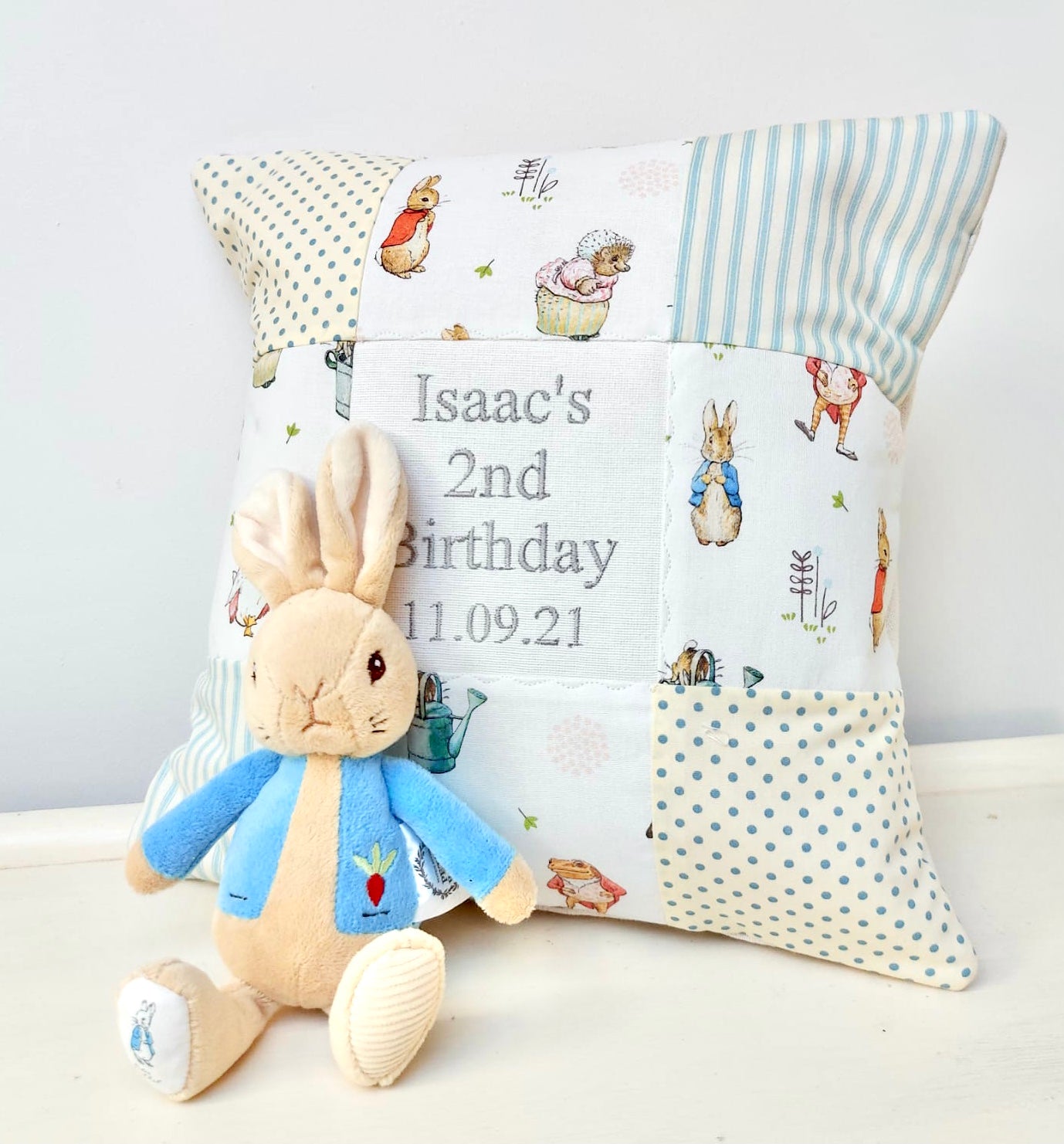 Peter Rabbit Birthday Cushion Blue Tuppenny House Designs