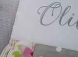 Pink and Grey Patchwork Name Cushion
